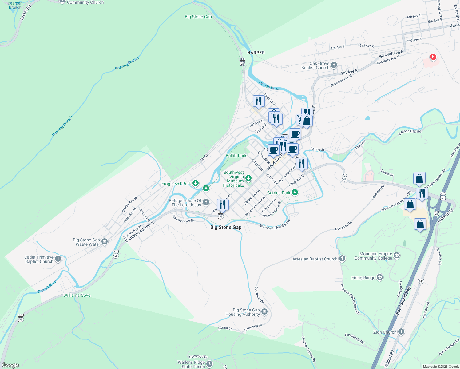 map of restaurants, bars, coffee shops, grocery stores, and more near West 3rd Street North in Big Stone Gap