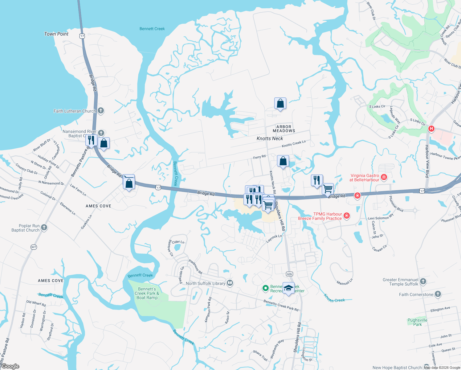 map of restaurants, bars, coffee shops, grocery stores, and more near 3504 Bridge Road in Suffolk