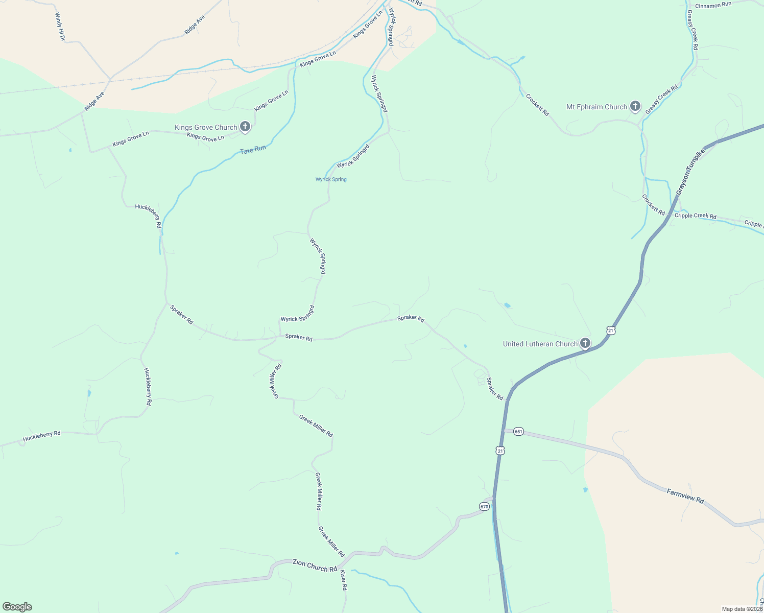 map of restaurants, bars, coffee shops, grocery stores, and more near Spraker Road in Wythe County