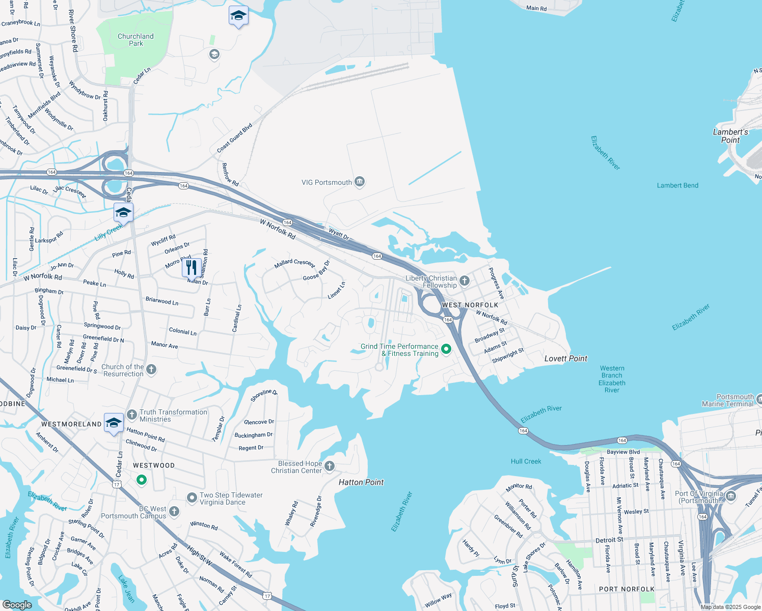 map of restaurants, bars, coffee shops, grocery stores, and more near 7 Centre Port Cir in Portsmouth