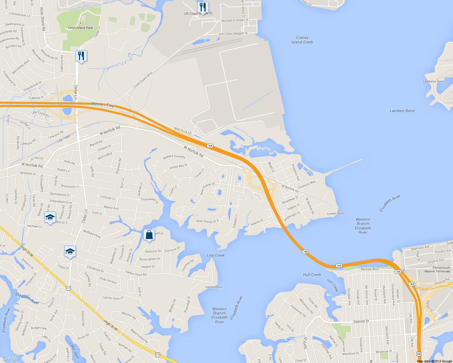 map of restaurants, bars, coffee shops, grocery stores, and more near 9 Centre Port Circle in Portsmouth