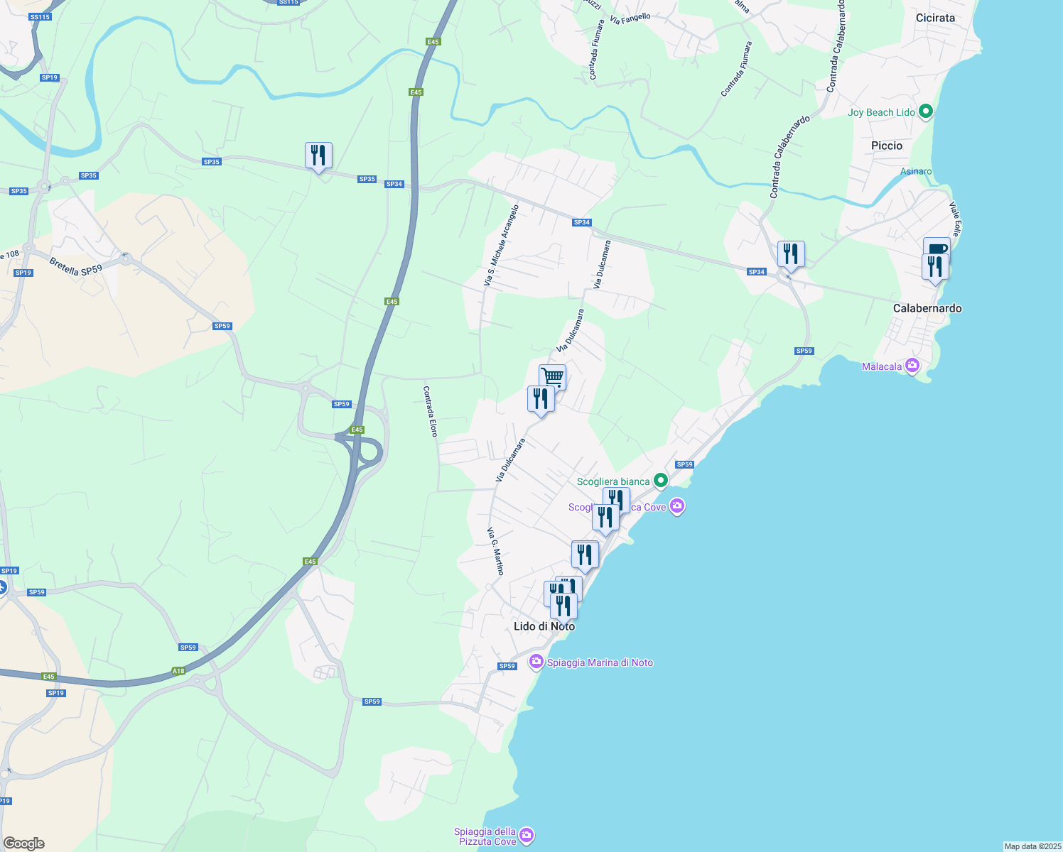 map of restaurants, bars, coffee shops, grocery stores, and more near 19 Via Dulcamara in Libero consorzio comunale di Siracusa