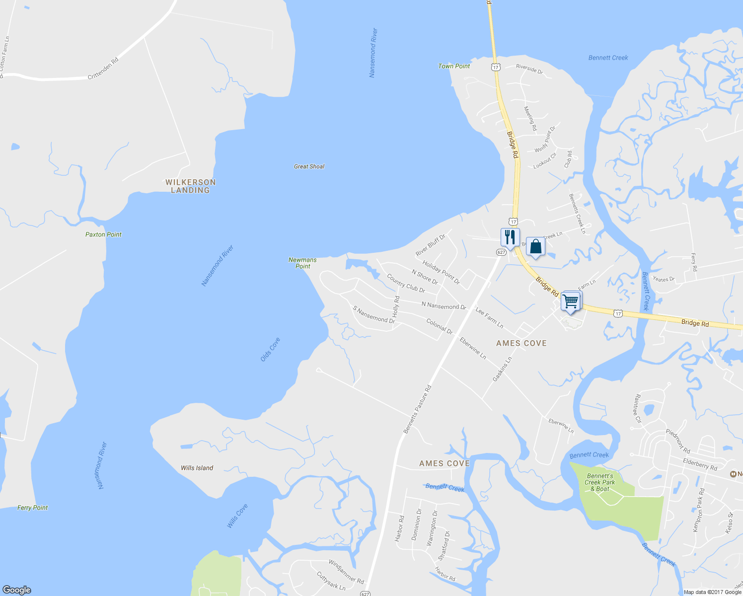 map of restaurants, bars, coffee shops, grocery stores, and more near 2716 Colonial Drive in Suffolk