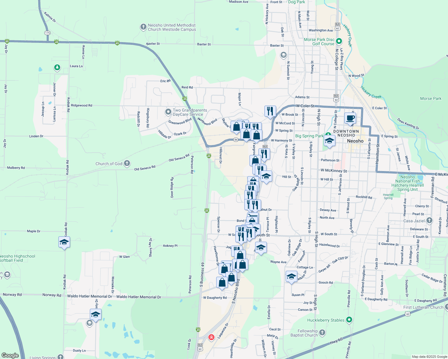 map of restaurants, bars, coffee shops, grocery stores, and more near Gayle Dr in Neosho