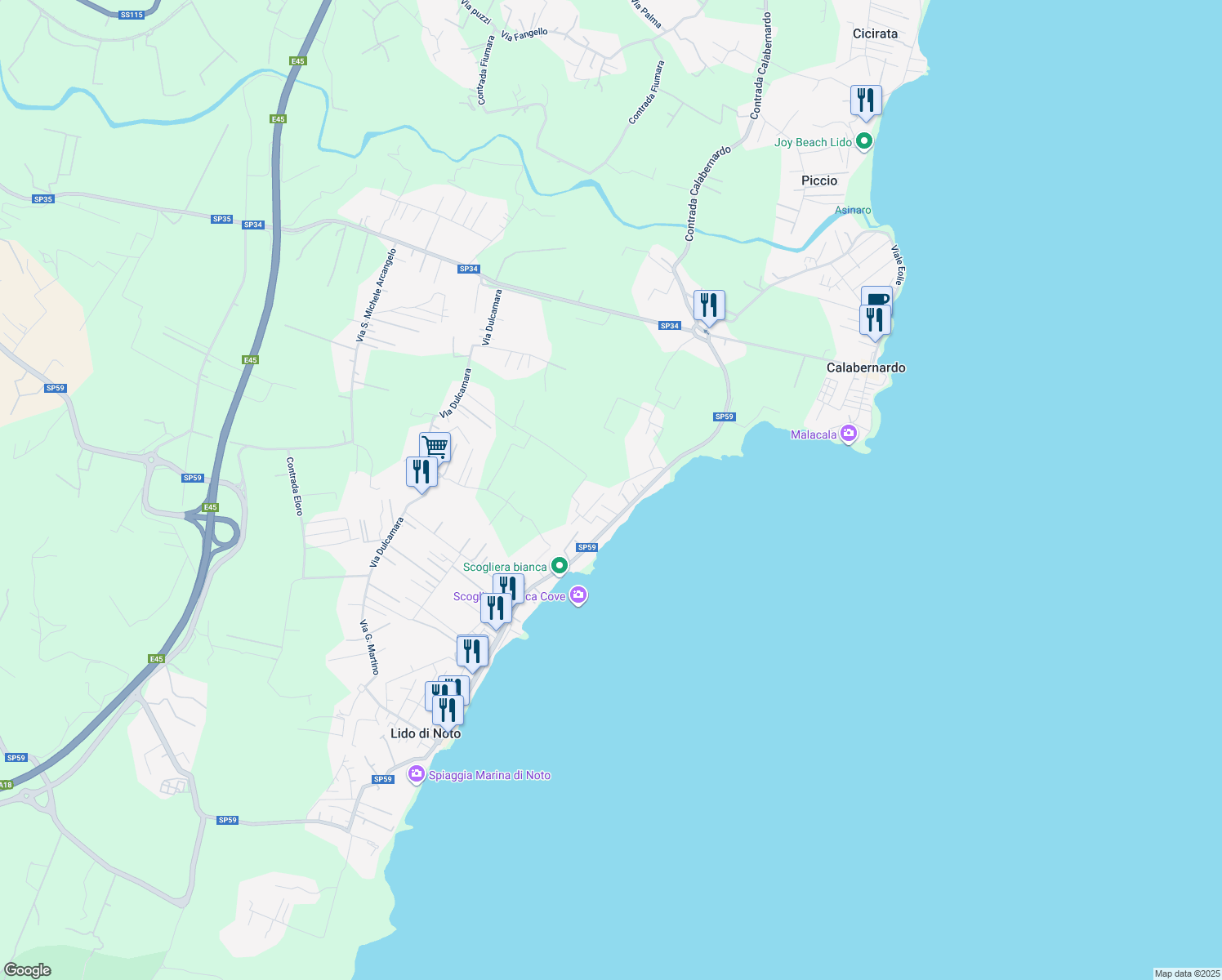 map of restaurants, bars, coffee shops, grocery stores, and more near 24 Via Ricciola in Lido di Noto