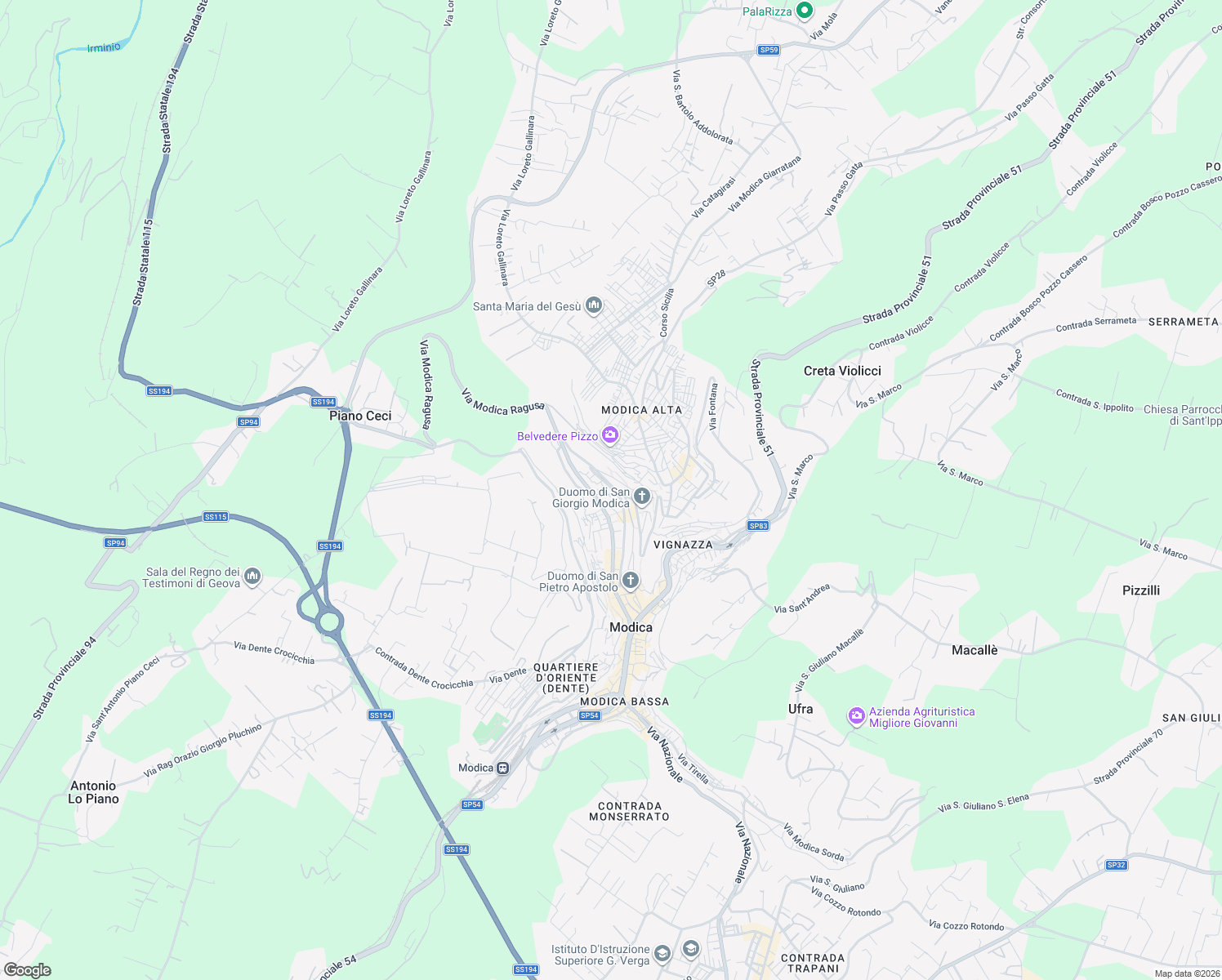 map of restaurants, bars, coffee shops, grocery stores, and more near 191 Via Sigona in Modica