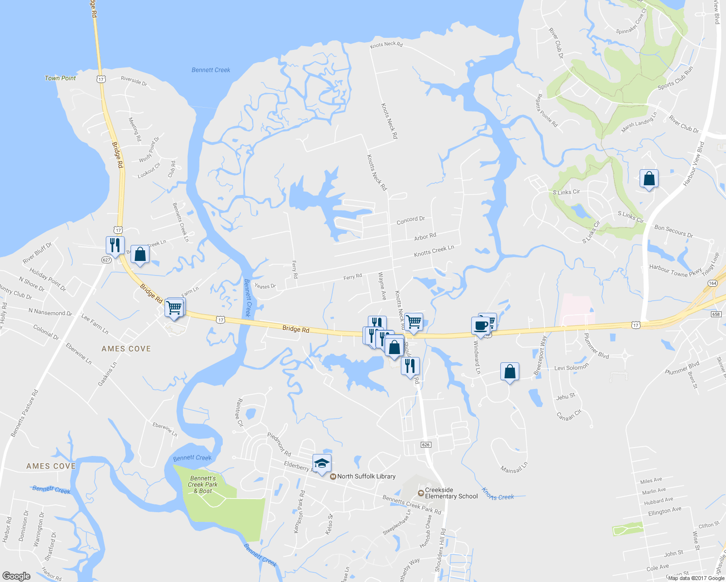 map of restaurants, bars, coffee shops, grocery stores, and more near 3624 Winborne Drive in Suffolk