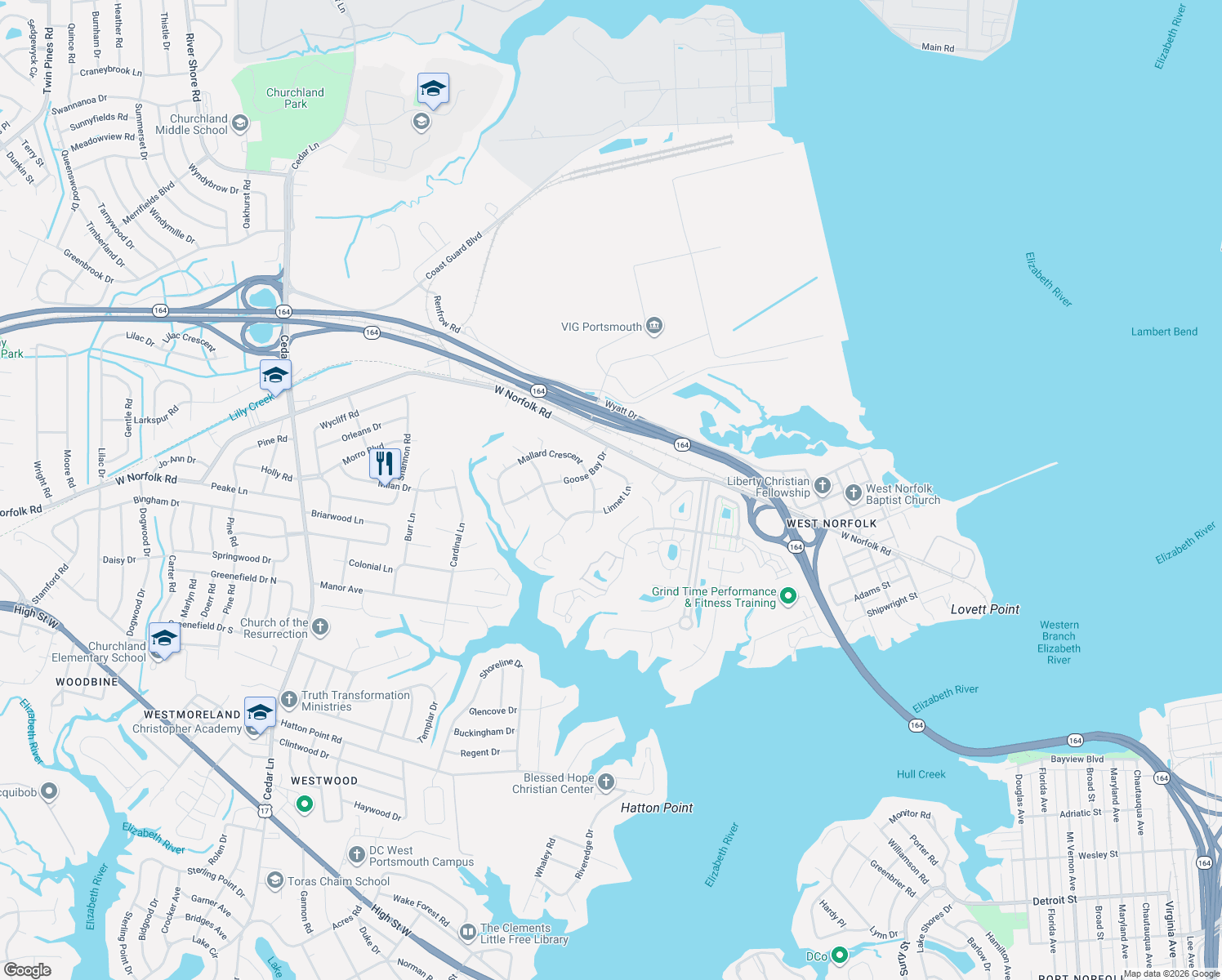 map of restaurants, bars, coffee shops, grocery stores, and more near 3724 Linnet Lane in Portsmouth
