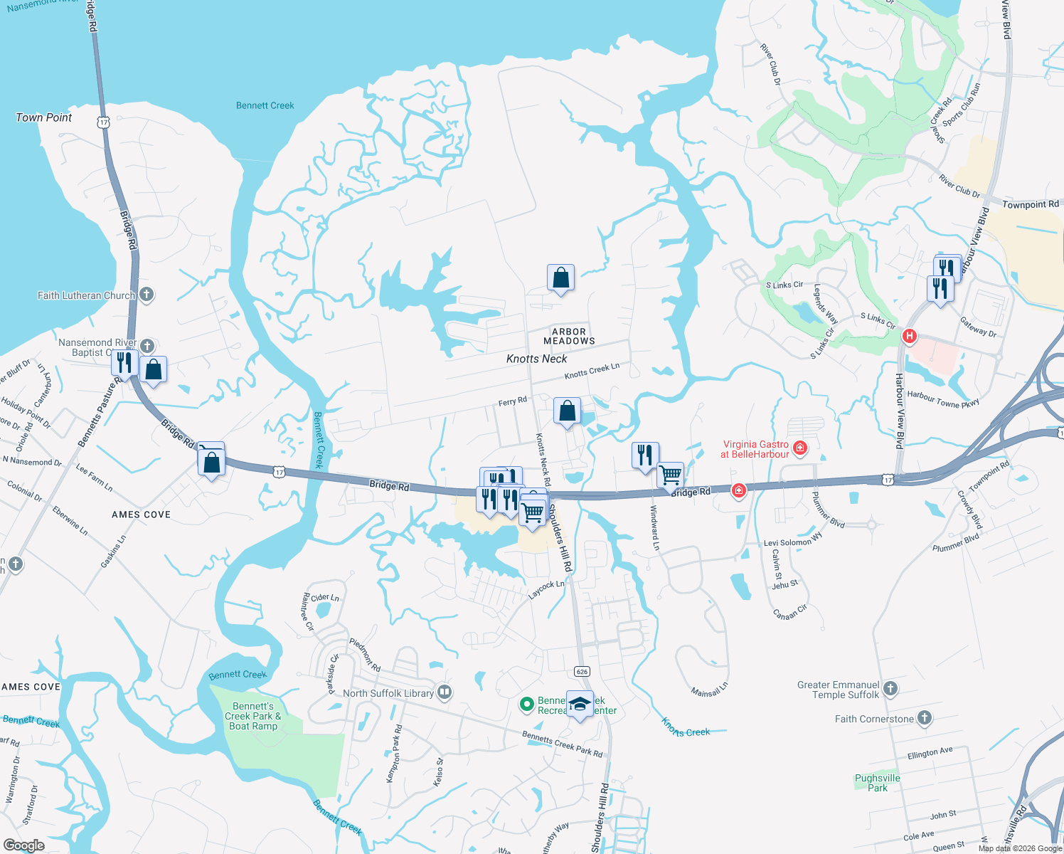map of restaurants, bars, coffee shops, grocery stores, and more near 5905 Knotts Neck Road in Suffolk