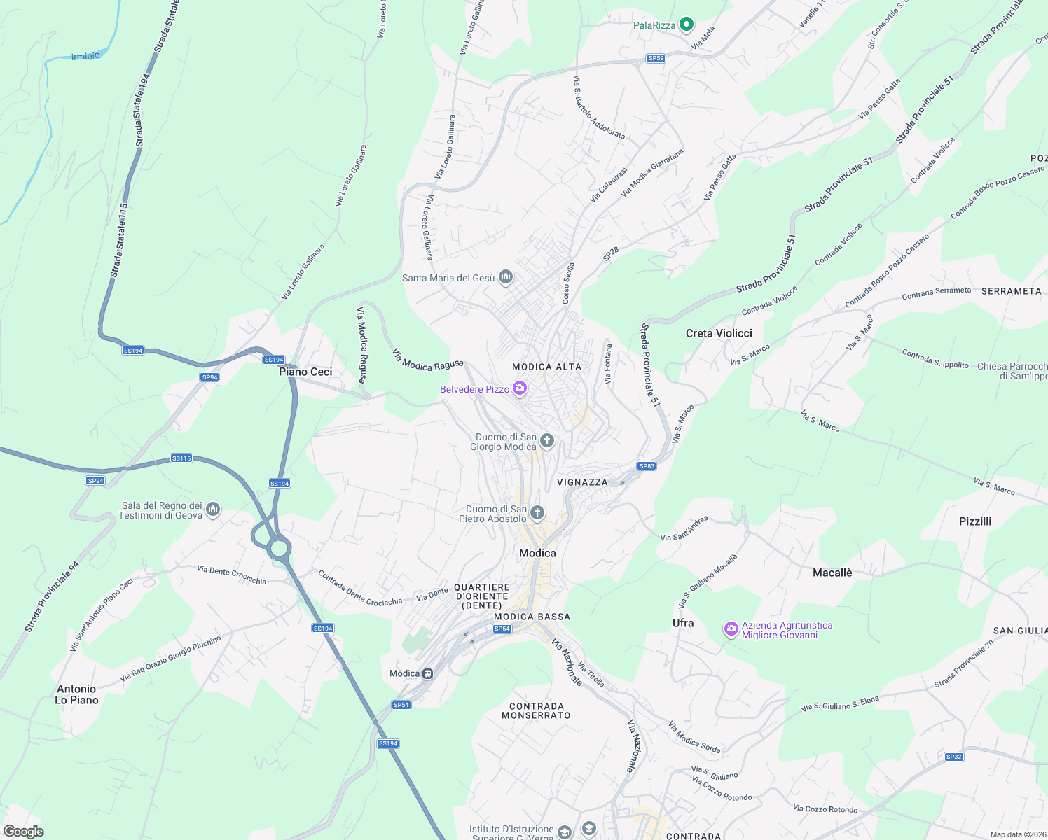 map of restaurants, bars, coffee shops, grocery stores, and more near 191 Via Sigona in Modica