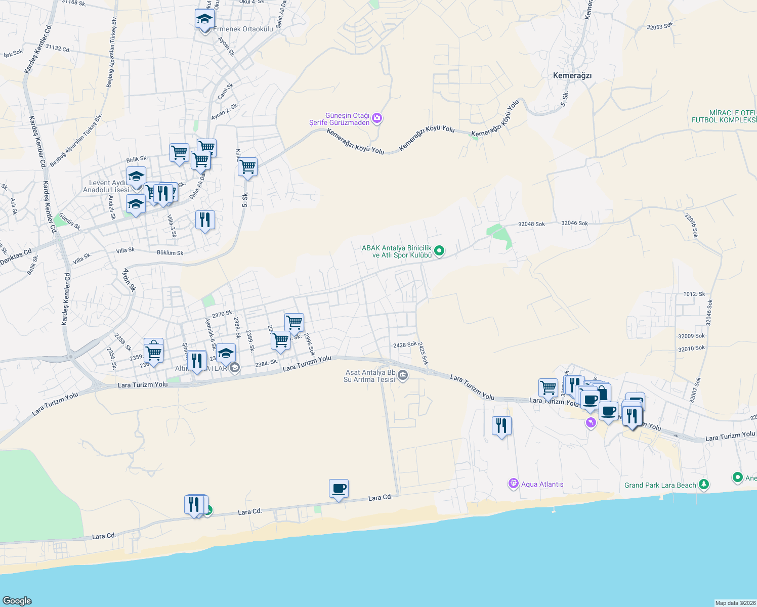 map of restaurants, bars, coffee shops, grocery stores, and more near 8/1 2429 Sok in Muratpaşa