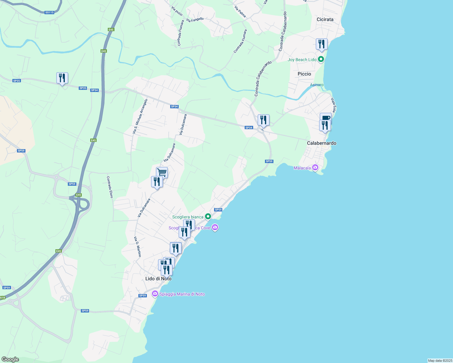 map of restaurants, bars, coffee shops, grocery stores, and more near 24 Via Ricciola in Lido di Noto