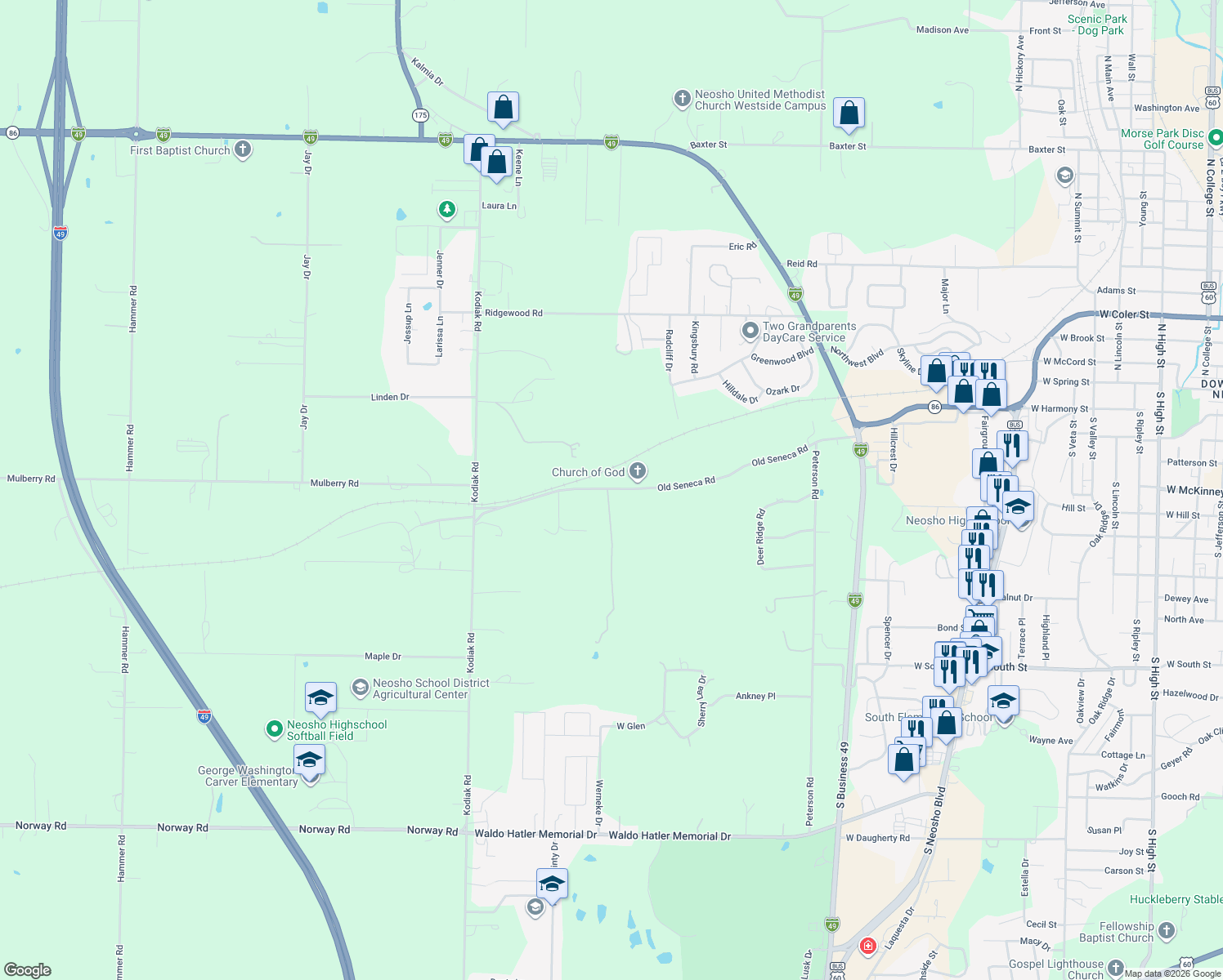 map of restaurants, bars, coffee shops, grocery stores, and more near 475 Old Seneca Road in Neosho
