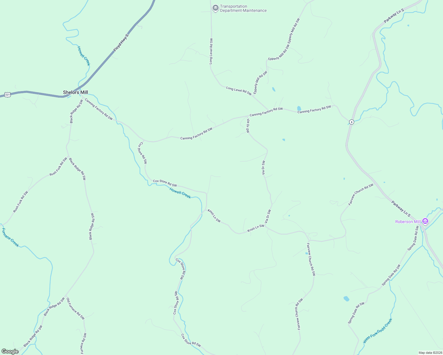 map of restaurants, bars, coffee shops, grocery stores, and more near 543 Cox Store Road Southwest in Floyd