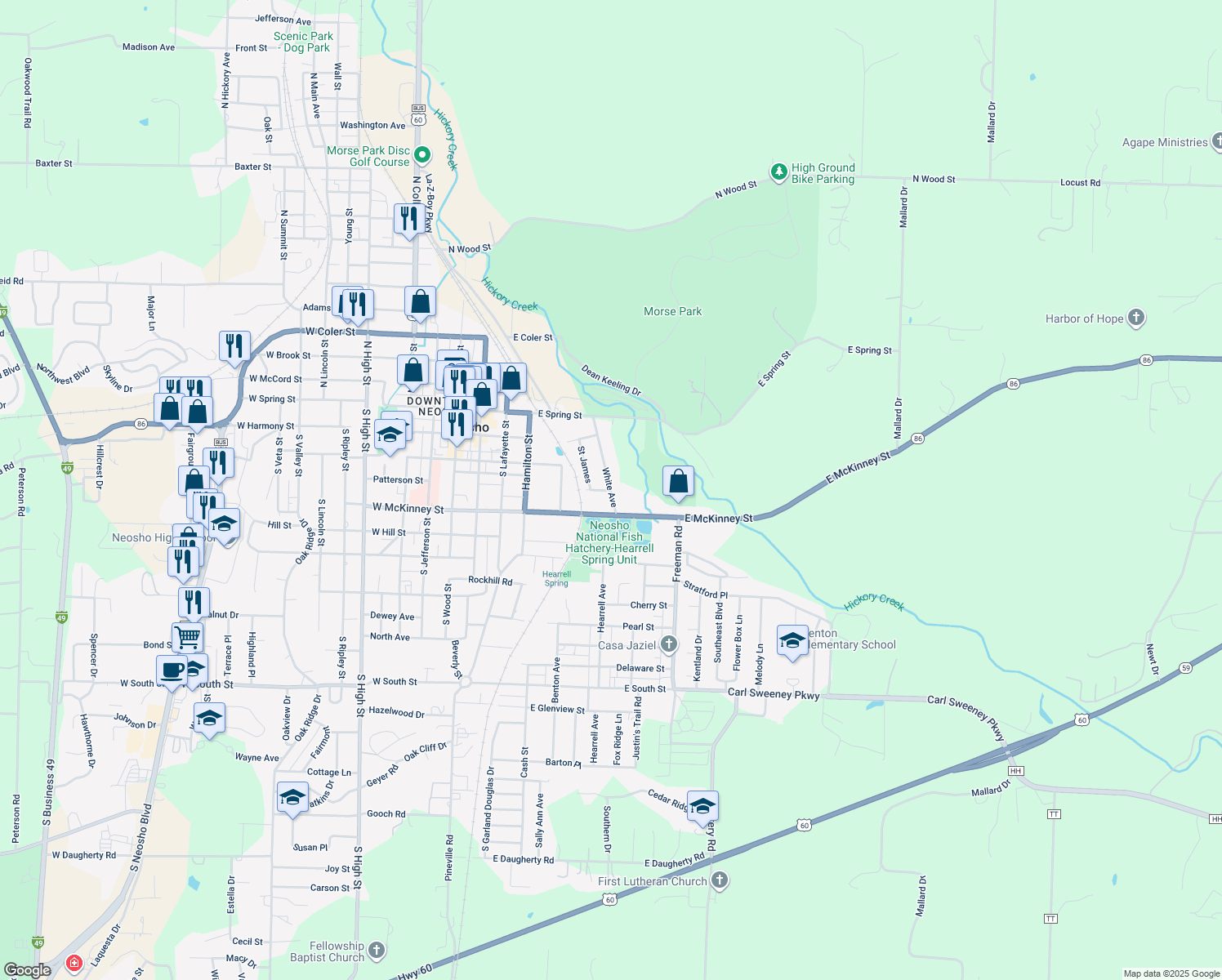 map of restaurants, bars, coffee shops, grocery stores, and more near 399 White Avenue in Neosho