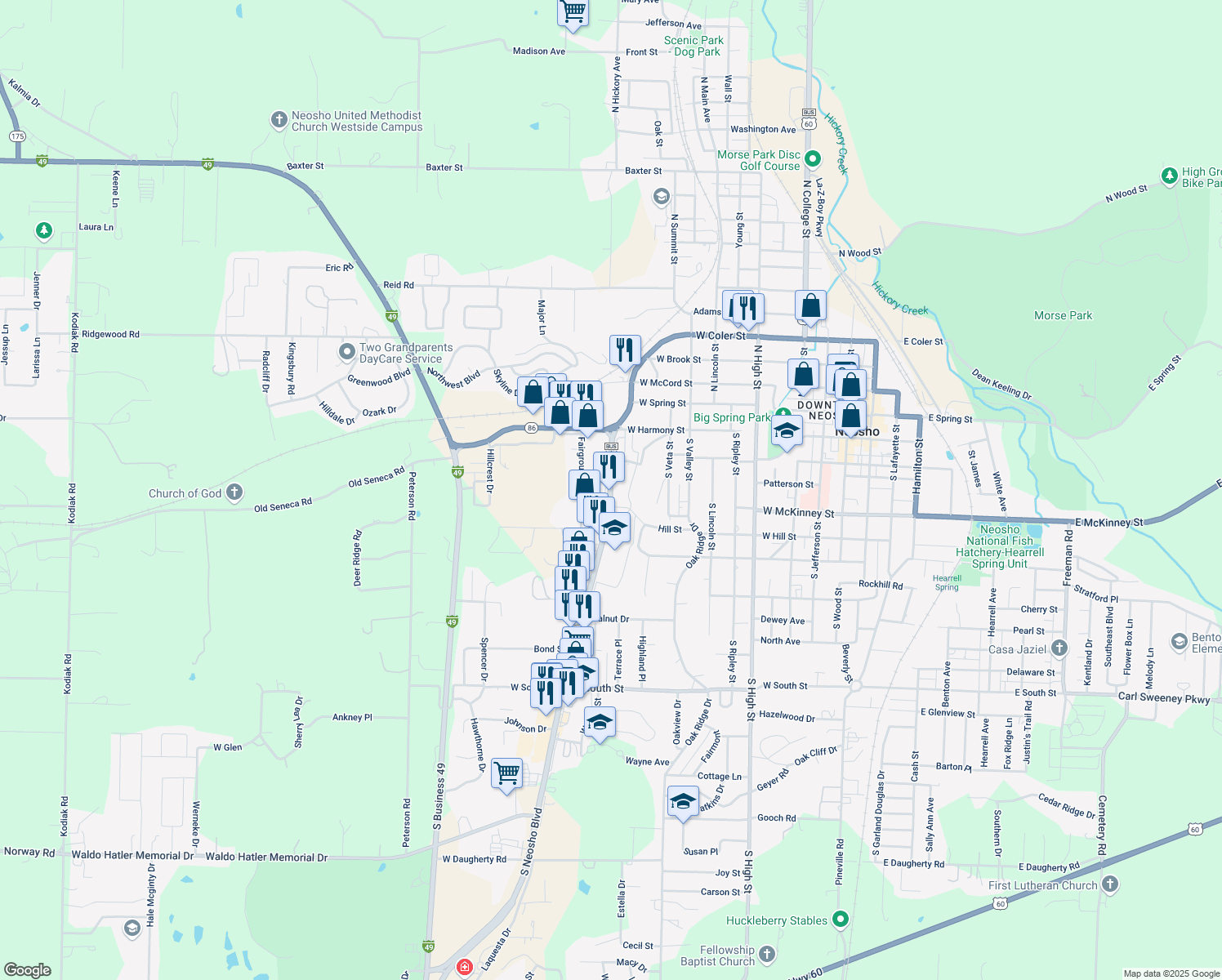 map of restaurants, bars, coffee shops, grocery stores, and more near 399 S Neosho Blvd in Neosho