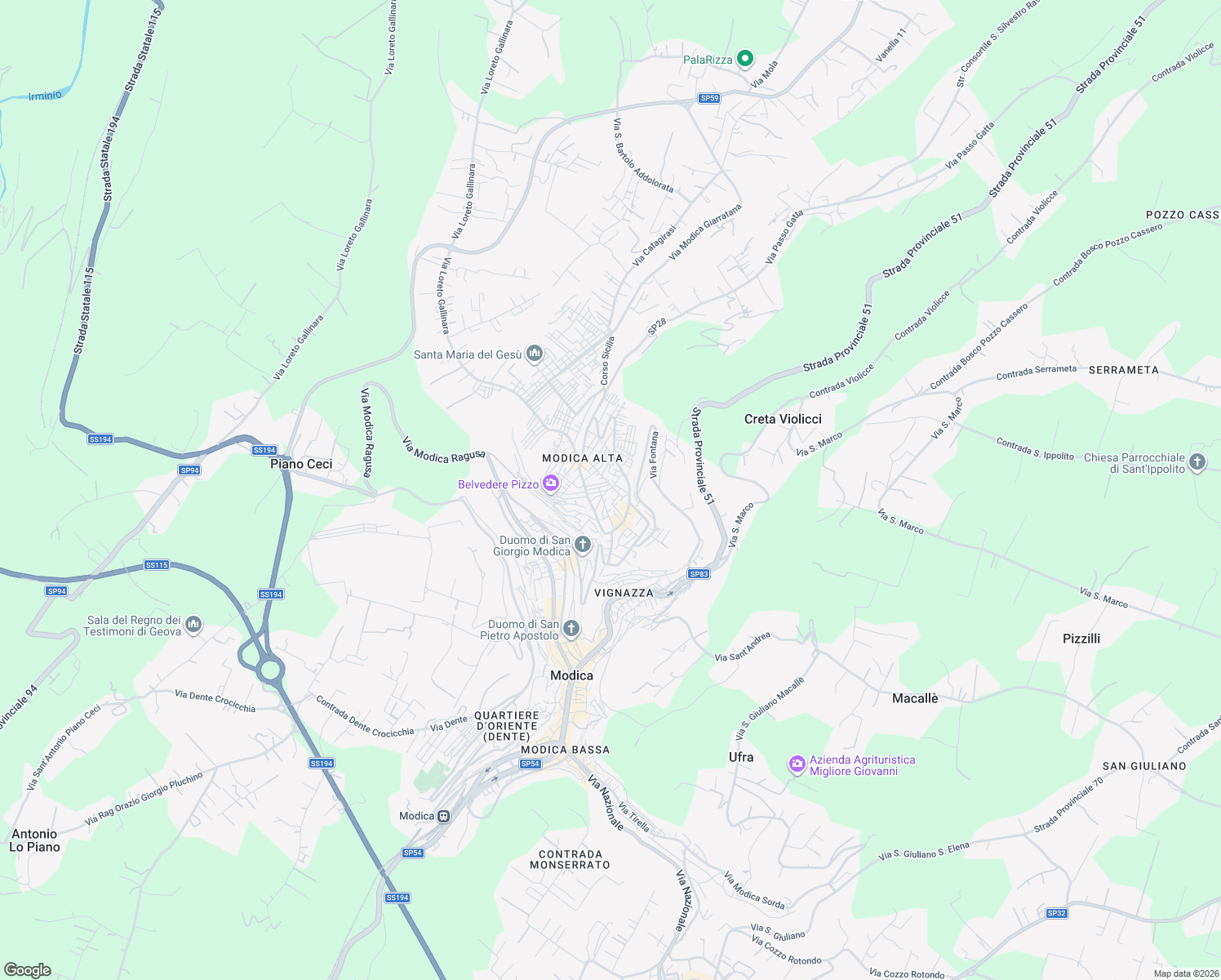 map of restaurants, bars, coffee shops, grocery stores, and more near 45 Via Vaina in Modica