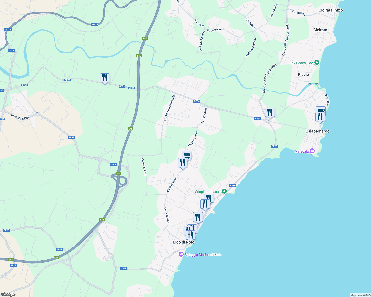 map of restaurants, bars, coffee shops, grocery stores, and more near Contrada Falconara in Lido di Noto