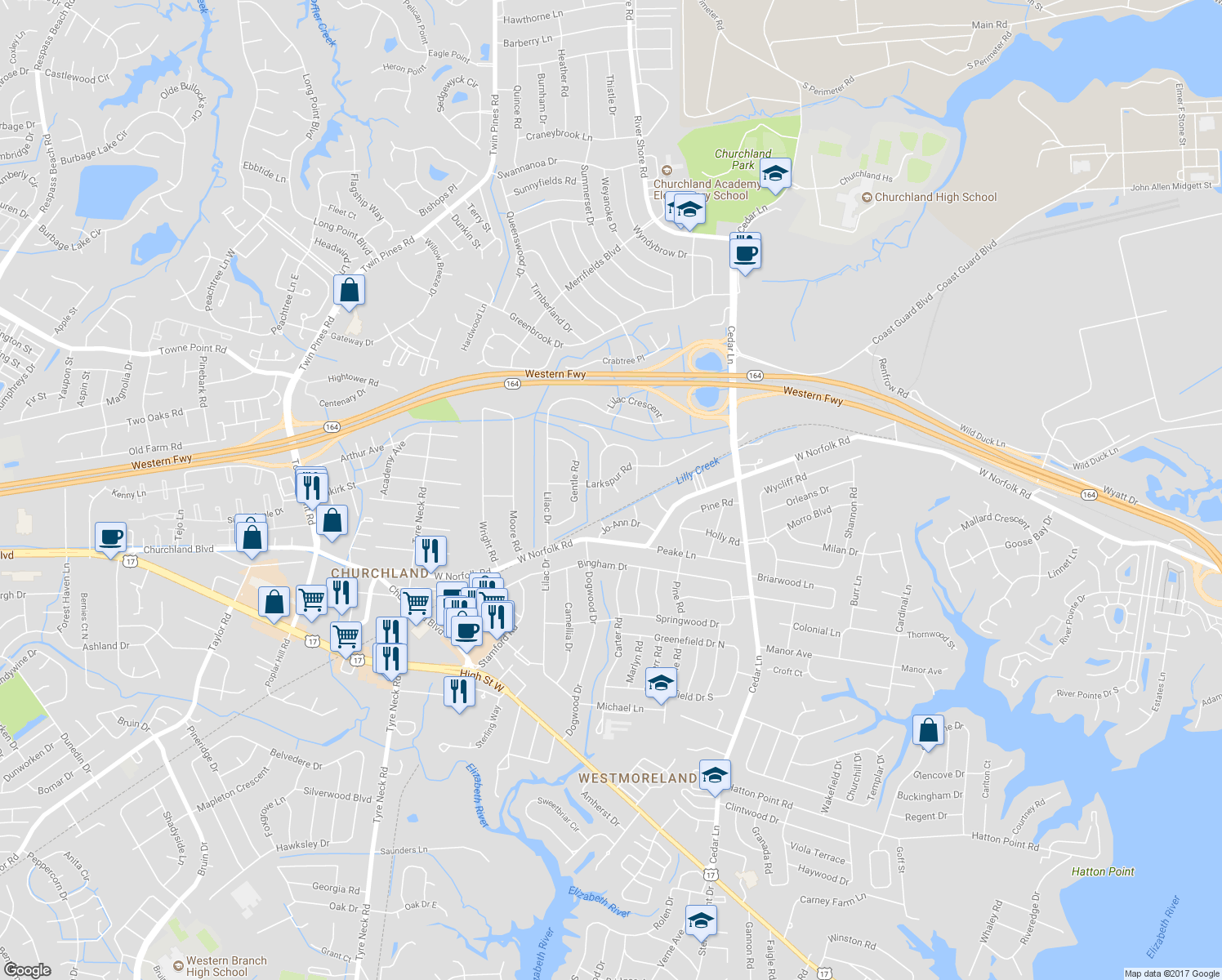 map of restaurants, bars, coffee shops, grocery stores, and more near 2 Eaver Court in Portsmouth