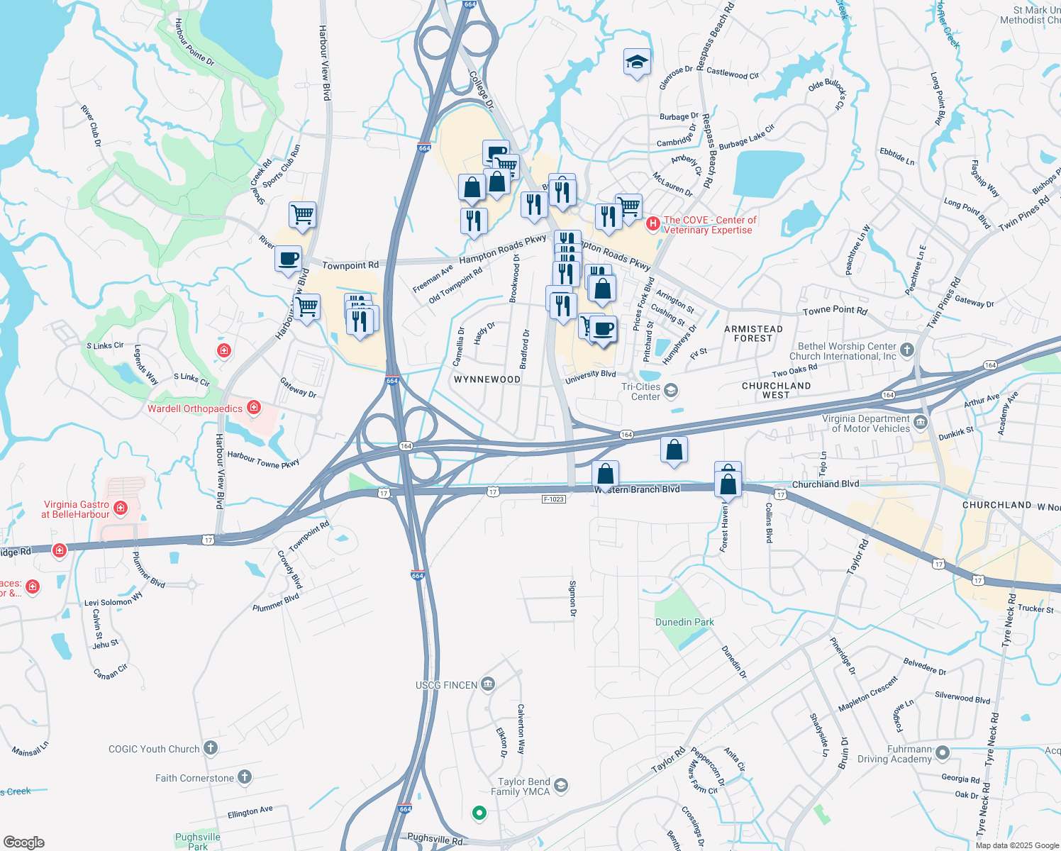 map of restaurants, bars, coffee shops, grocery stores, and more near 5909 Old College Drive in Suffolk