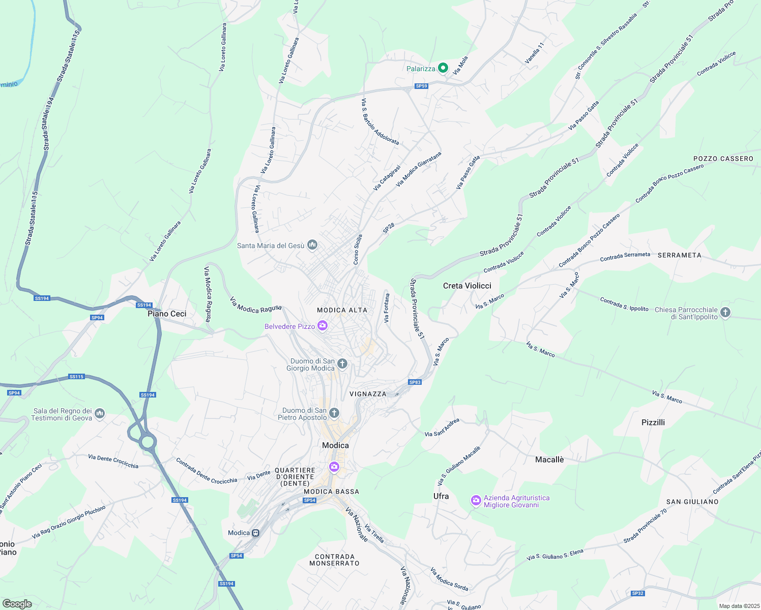 map of restaurants, bars, coffee shops, grocery stores, and more near 2393 Via Fontana in Modica