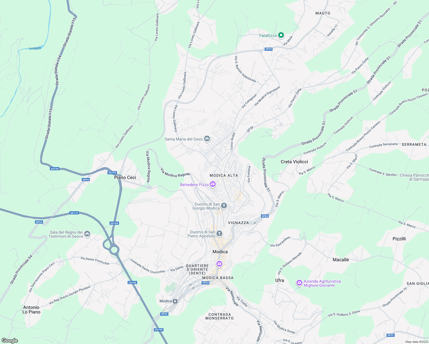 map of restaurants, bars, coffee shops, grocery stores, and more near 611 Via Blandino Vincenzo in Modica