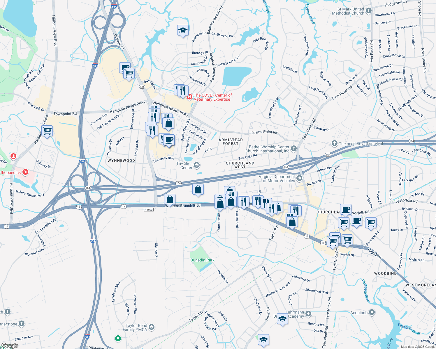 map of restaurants, bars, coffee shops, grocery stores, and more near 3957 Old Farm Rd in Portsmouth