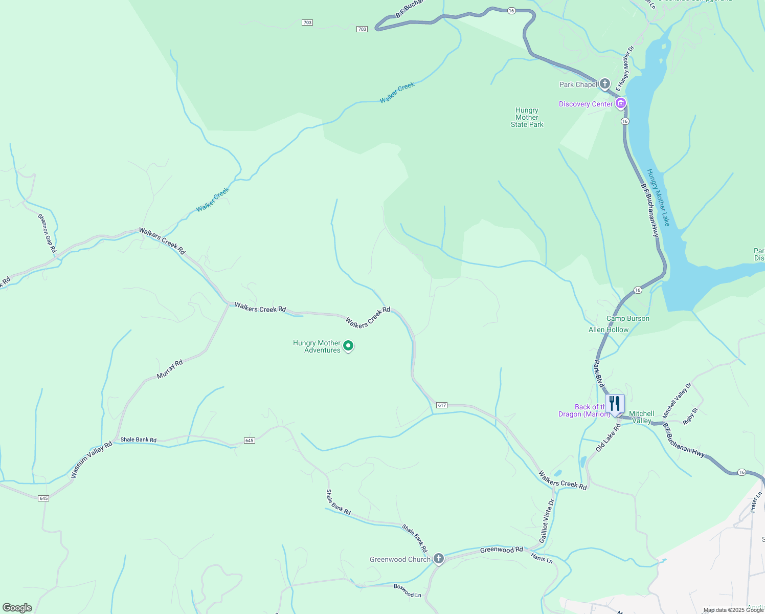 map of restaurants, bars, coffee shops, grocery stores, and more near 729 Walkers Creek Road in Marion