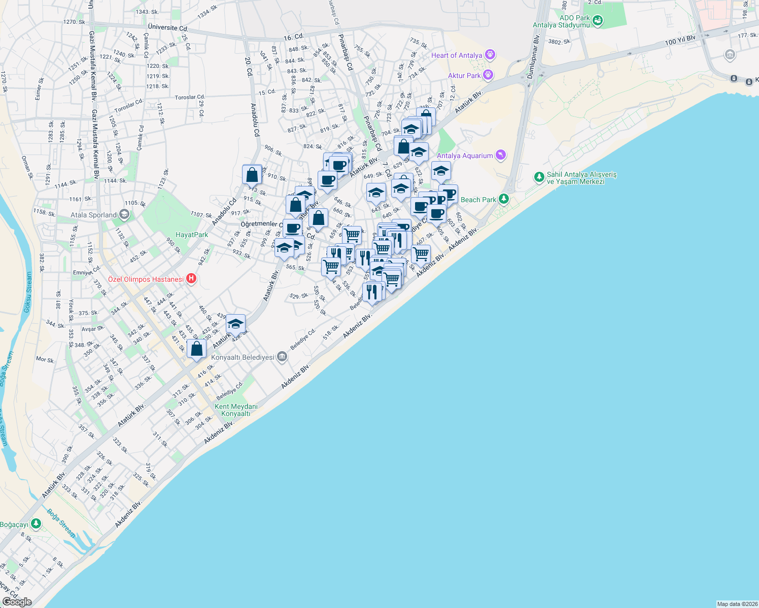 map of restaurants, bars, coffee shops, grocery stores, and more near 18 543. Sokak in Antalya