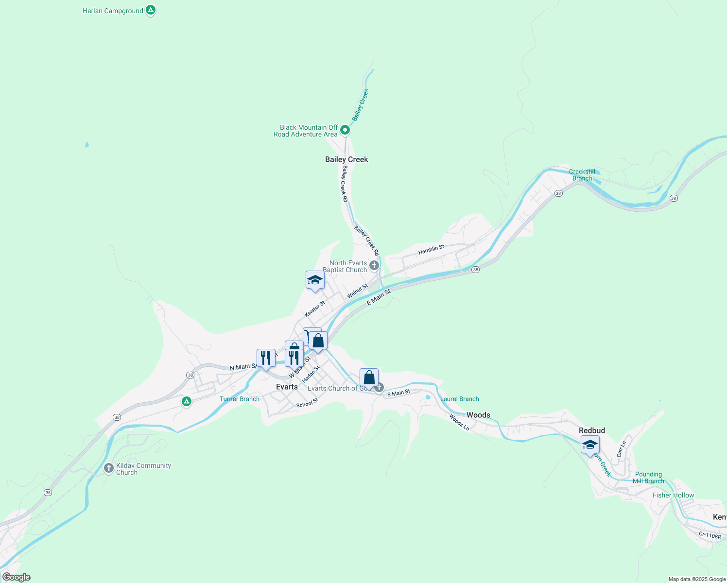 map of restaurants, bars, coffee shops, grocery stores, and more near 390 Kelly Street in Evarts