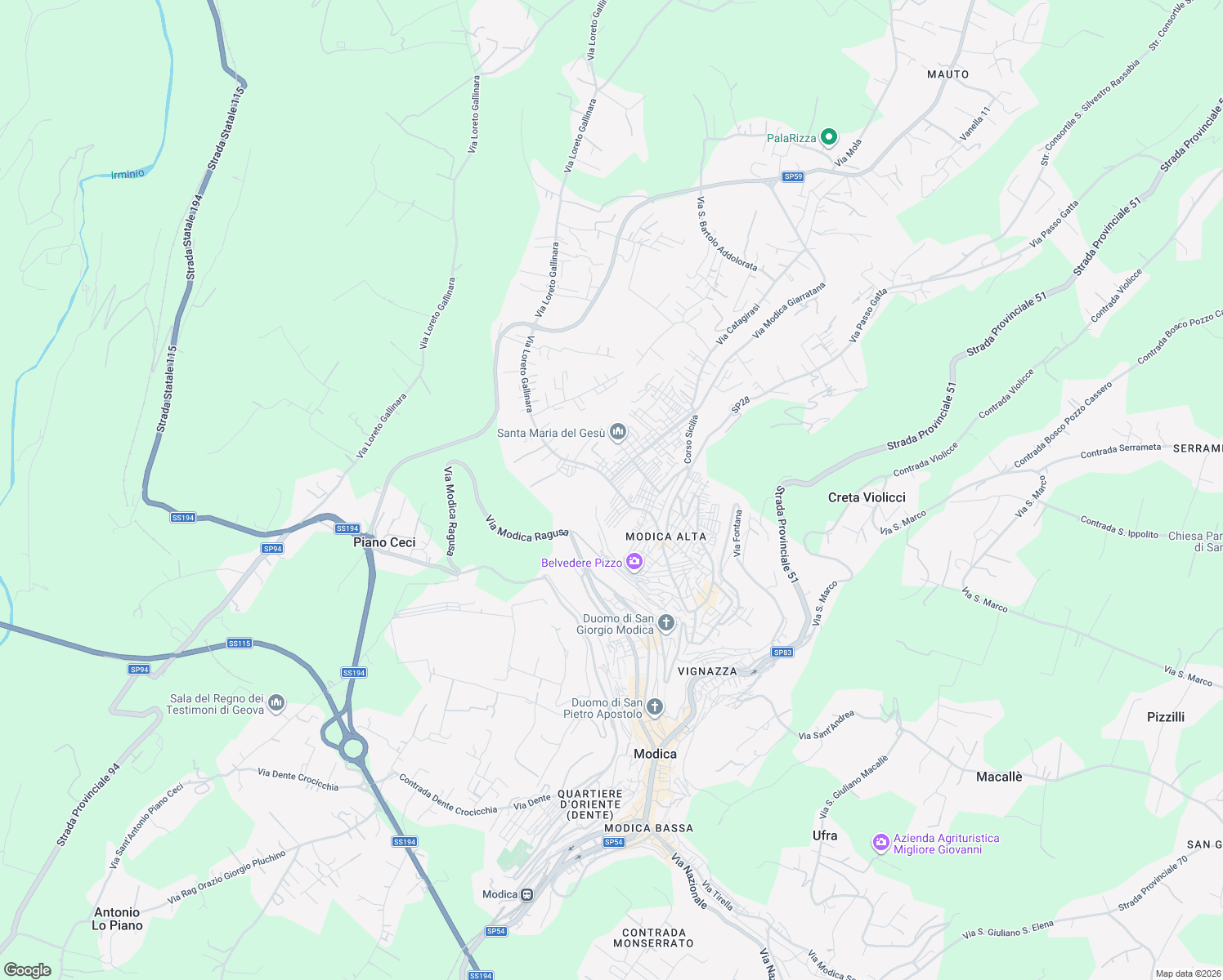 map of restaurants, bars, coffee shops, grocery stores, and more near 571 Via Loreto Gallinara in Modica