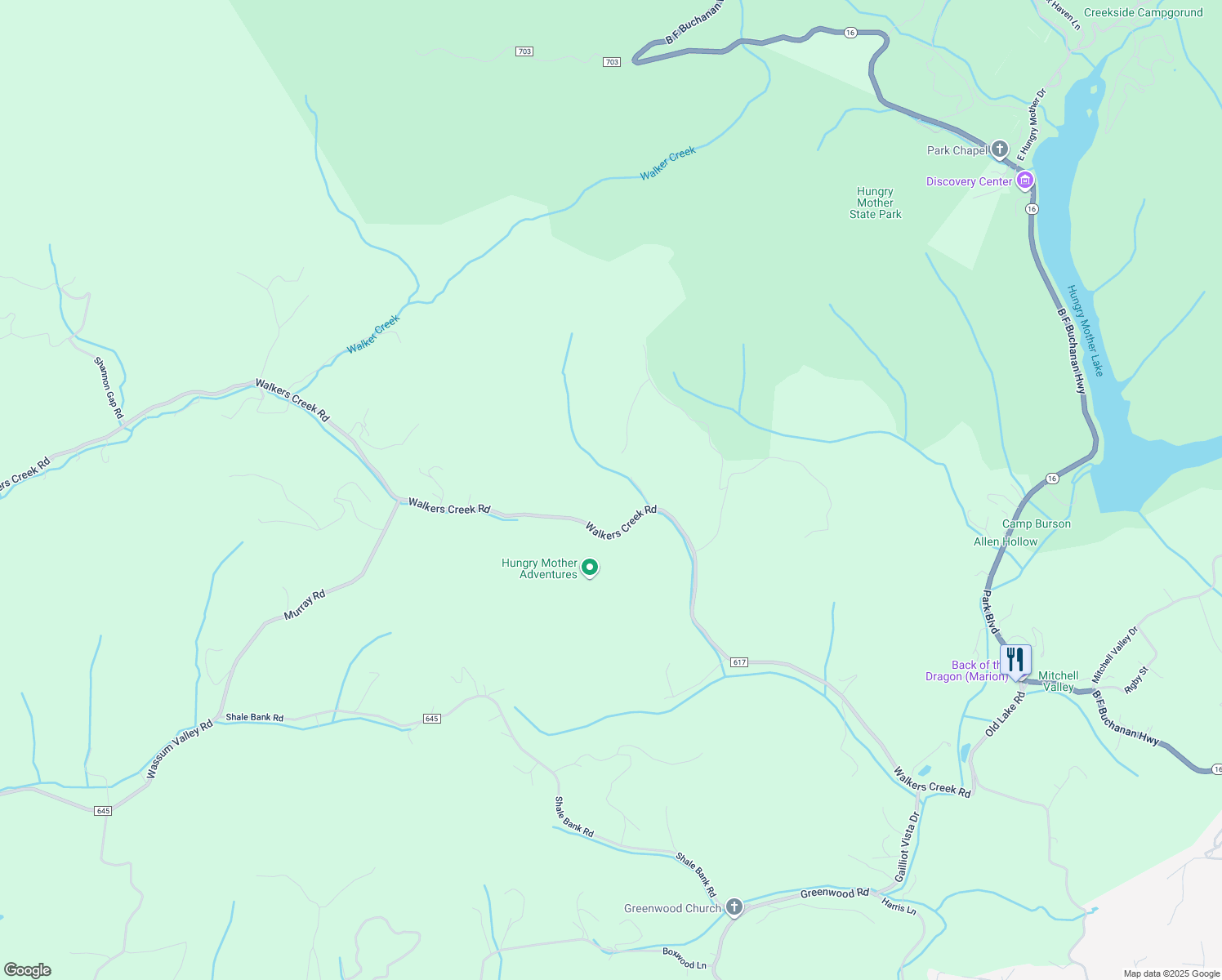 map of restaurants, bars, coffee shops, grocery stores, and more near 729 Walkers Creek Road in Marion