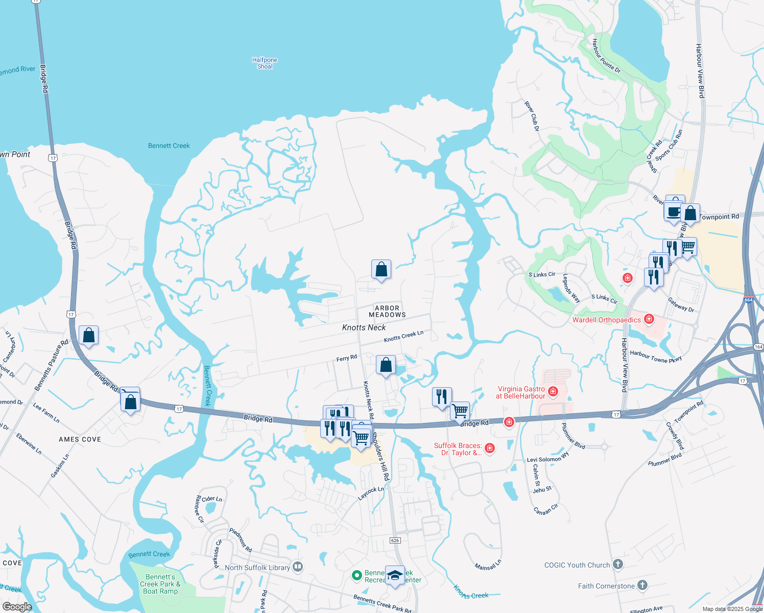 map of restaurants, bars, coffee shops, grocery stores, and more near 3725 Concord Dr in Suffolk