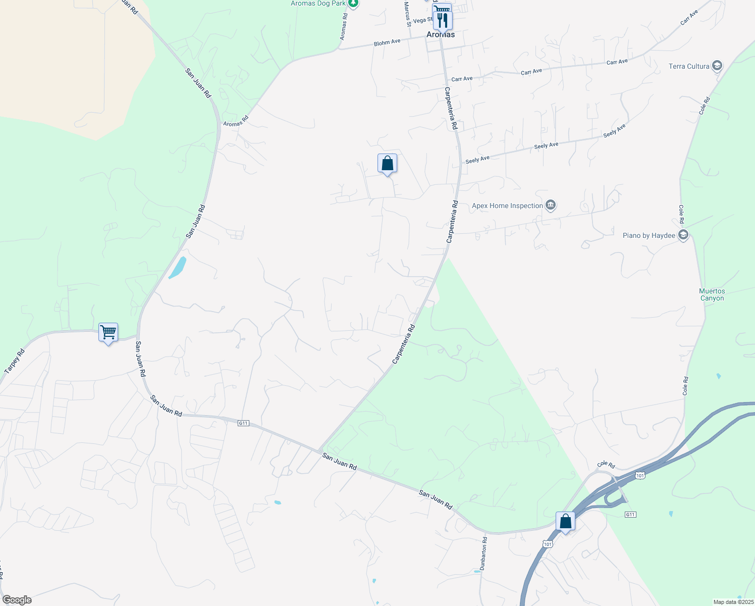 map of restaurants, bars, coffee shops, grocery stores, and more near 206 Carneros Road in Aromas
