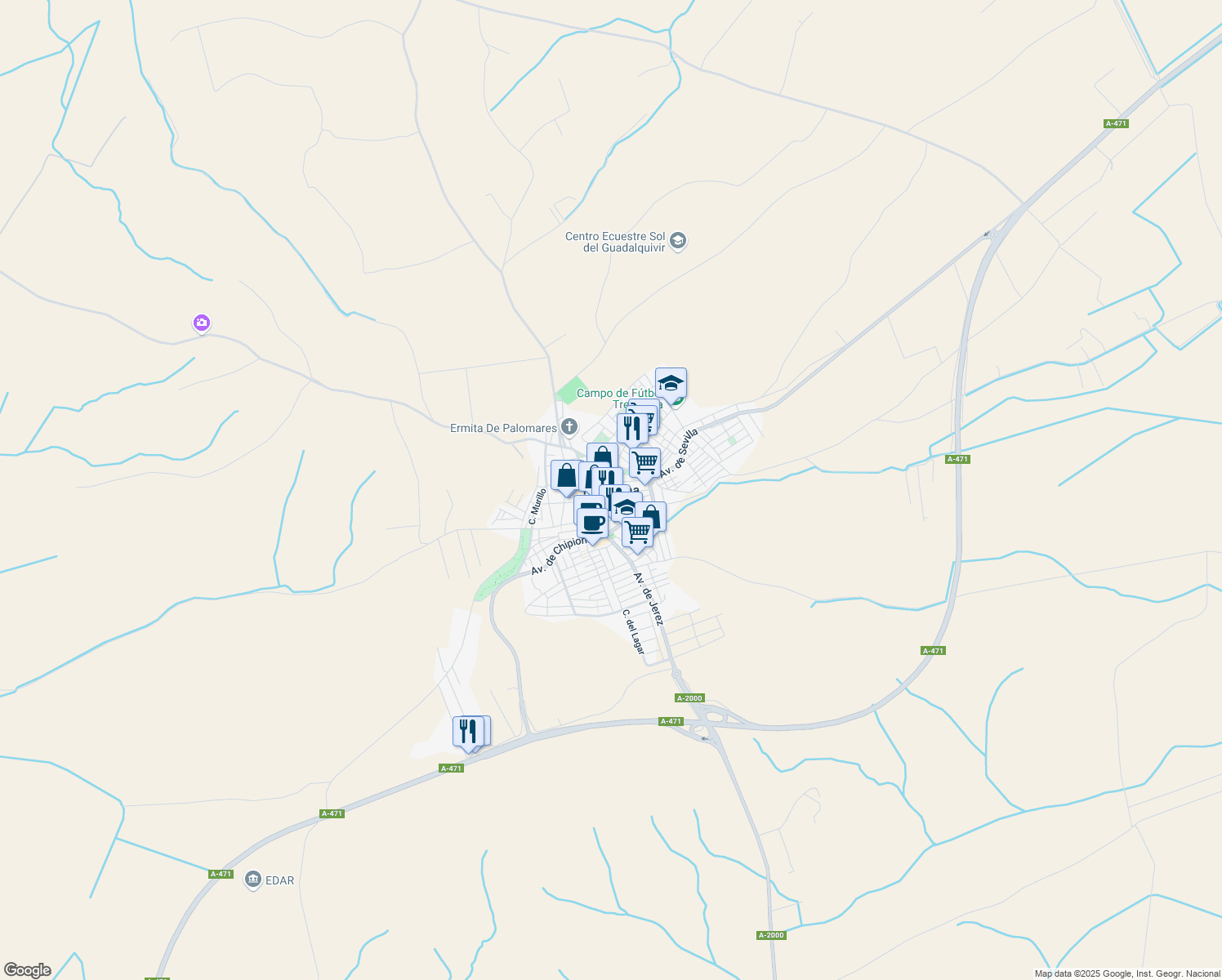 map of restaurants, bars, coffee shops, grocery stores, and more near in Trebujena
