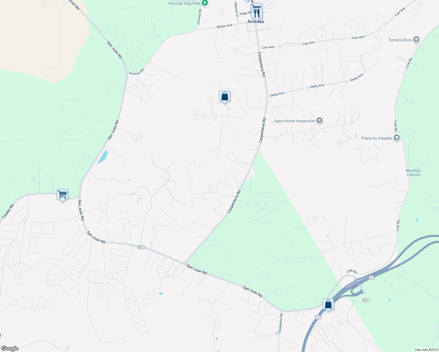 map of restaurants, bars, coffee shops, grocery stores, and more near 206 Carneros Road in Aromas