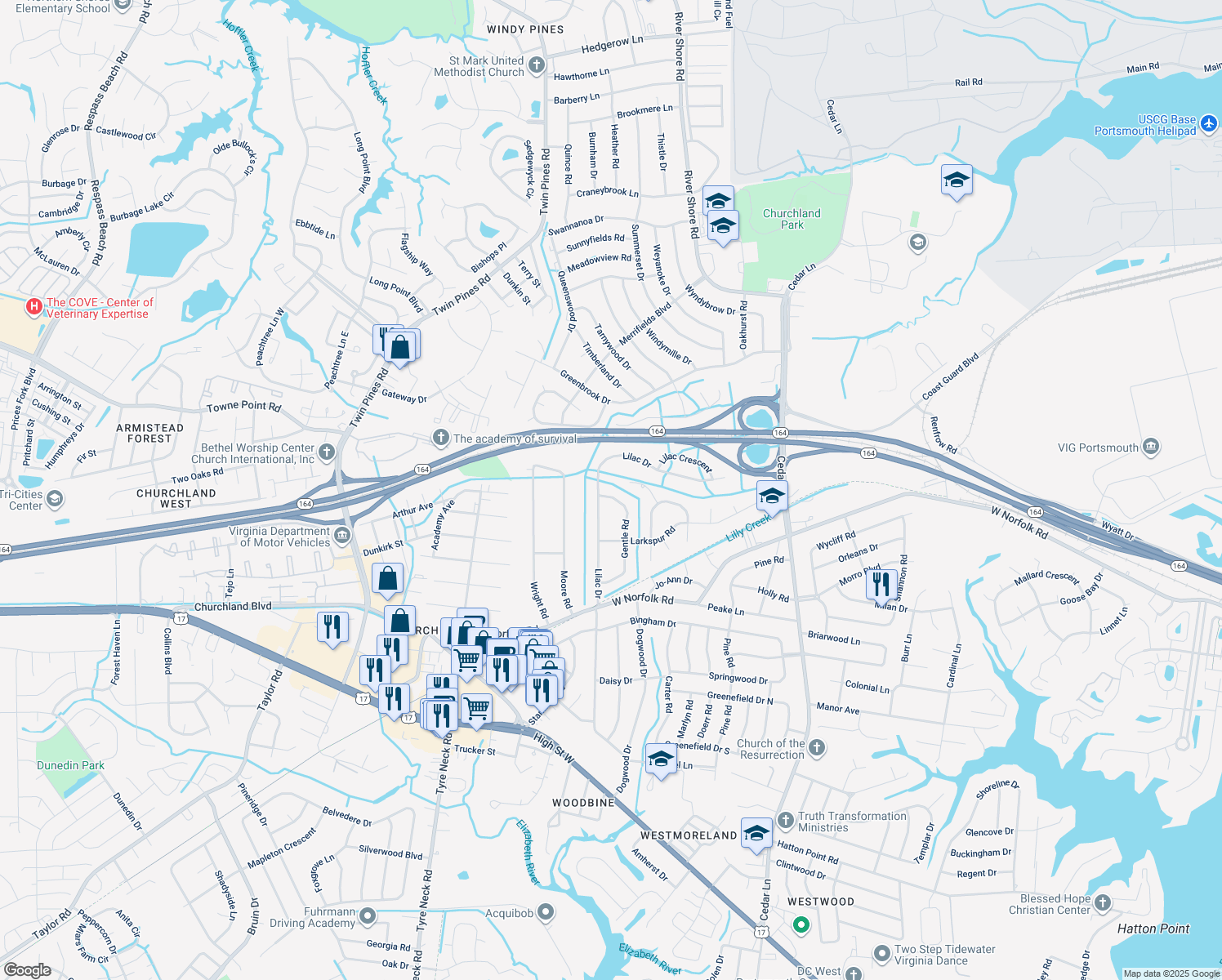 map of restaurants, bars, coffee shops, grocery stores, and more near 3617 Gentle Road in Portsmouth