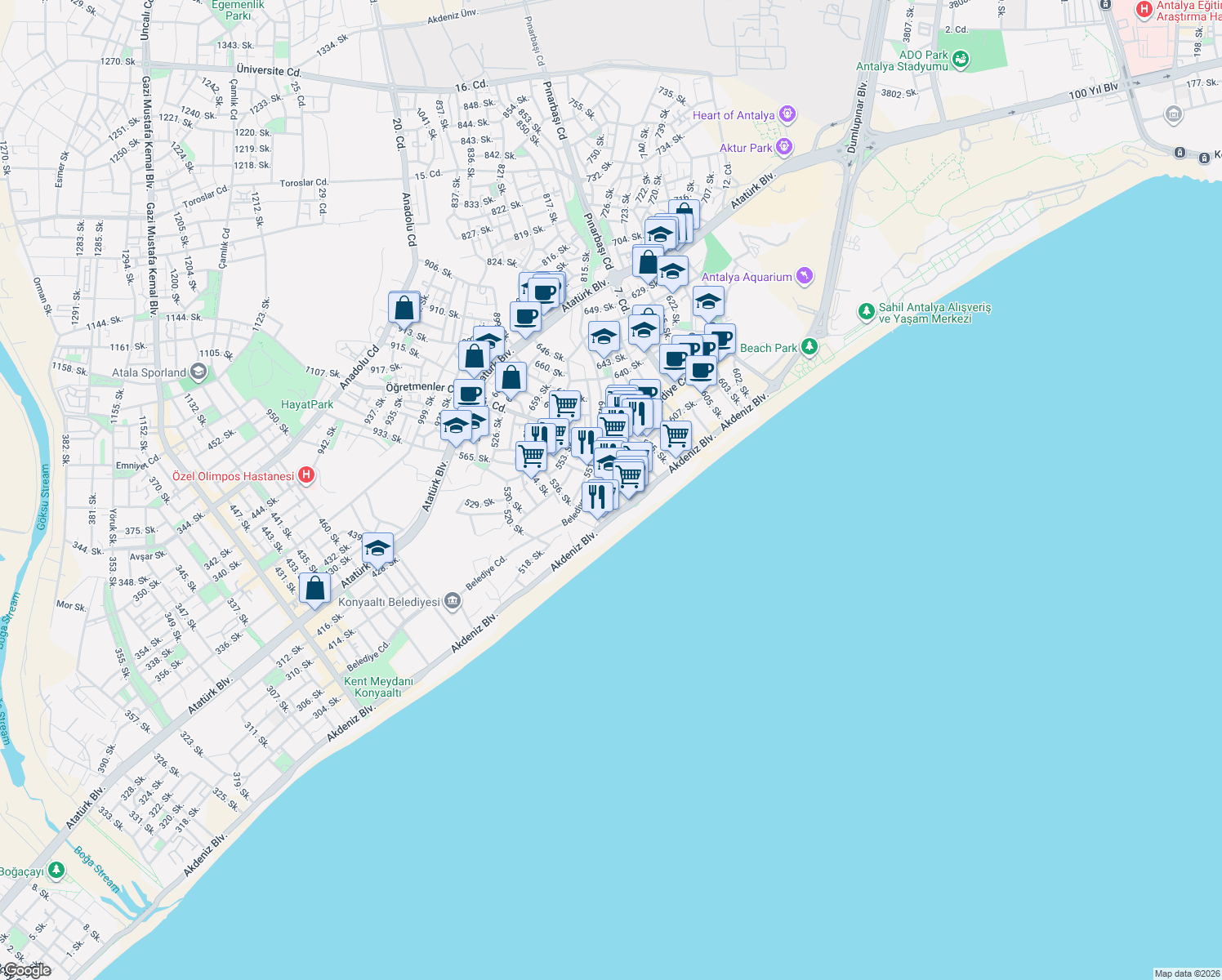 map of restaurants, bars, coffee shops, grocery stores, and more near 18 543 Sokak in Muratpaşa