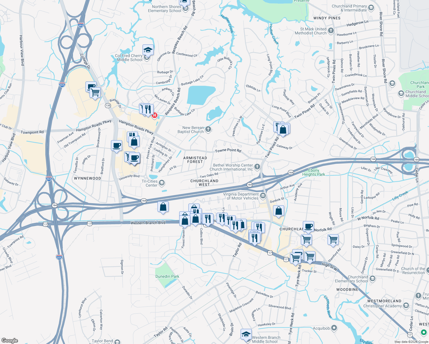 map of restaurants, bars, coffee shops, grocery stores, and more near 3840 Two Oaks Road in Portsmouth