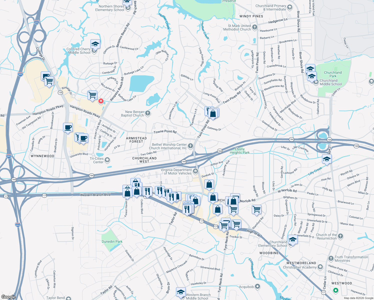 map of restaurants, bars, coffee shops, grocery stores, and more near 3721 Towne Point Road in Portsmouth