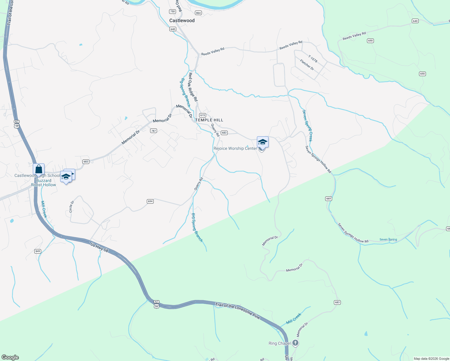 map of restaurants, bars, coffee shops, grocery stores, and more near 1276 Quarry Road in Castlewood