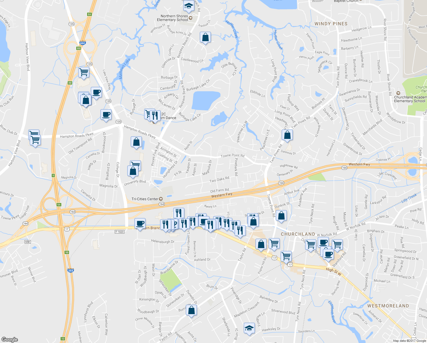 map of restaurants, bars, coffee shops, grocery stores, and more near 3724 Red Barn Road in Portsmouth