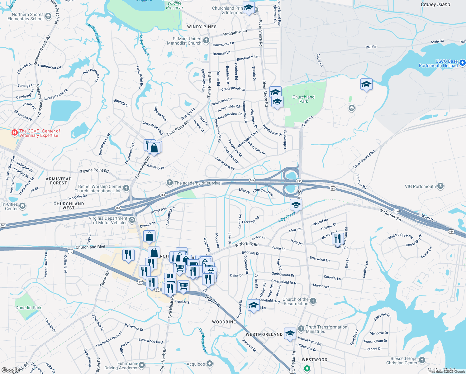map of restaurants, bars, coffee shops, grocery stores, and more near 3708 Lilac Drive in Portsmouth