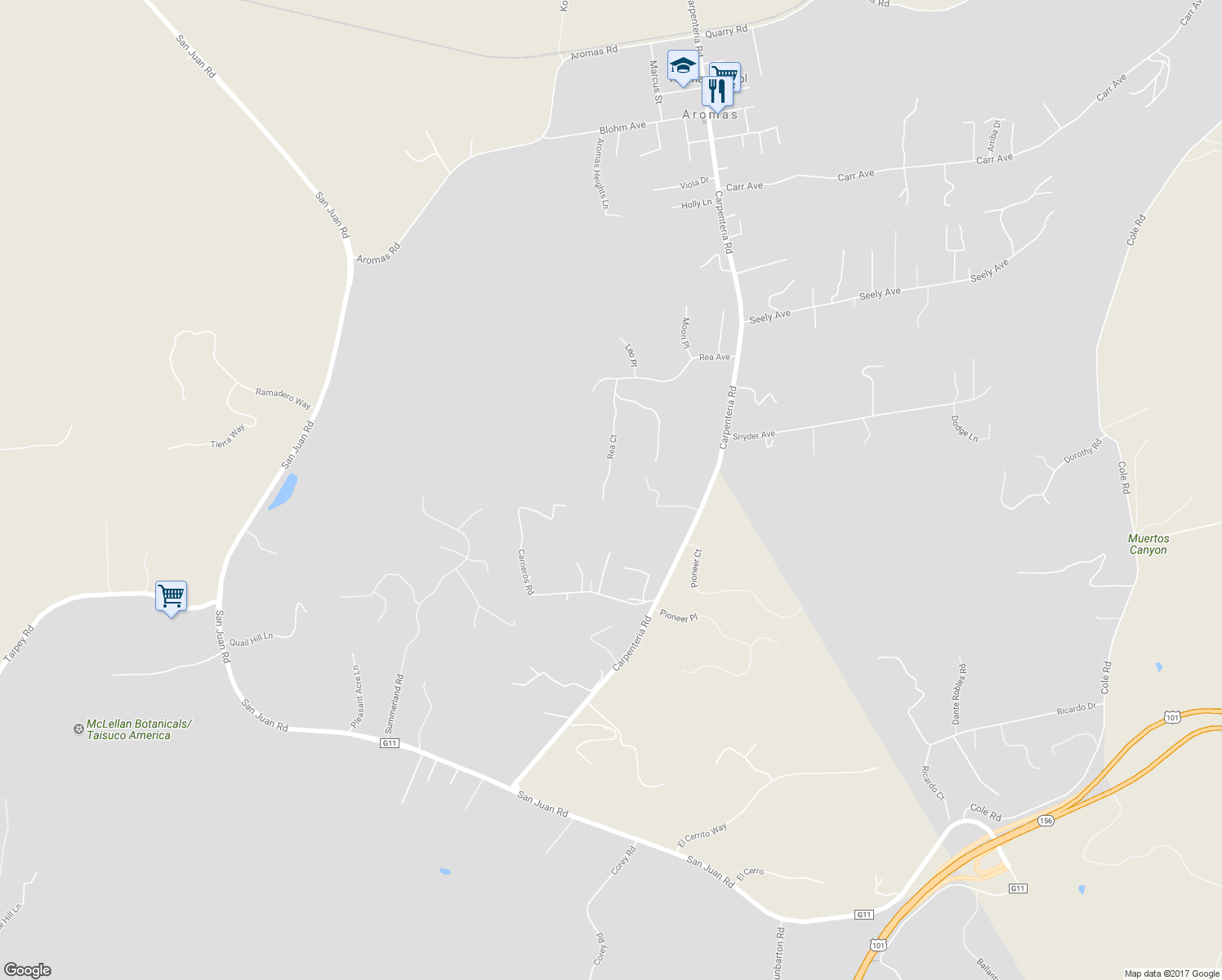 map of restaurants, bars, coffee shops, grocery stores, and more near 2985 Rea Court in Aromas