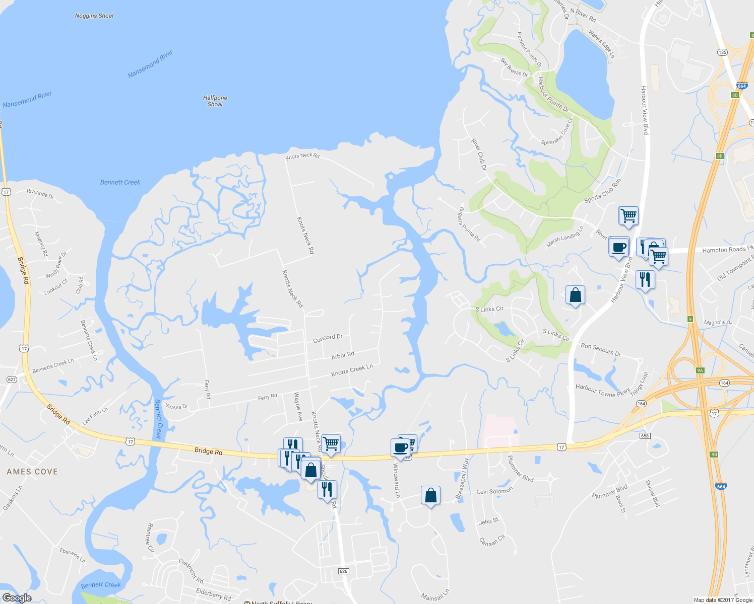 map of restaurants, bars, coffee shops, grocery stores, and more near 6113 Knotts Creek Lane in Suffolk