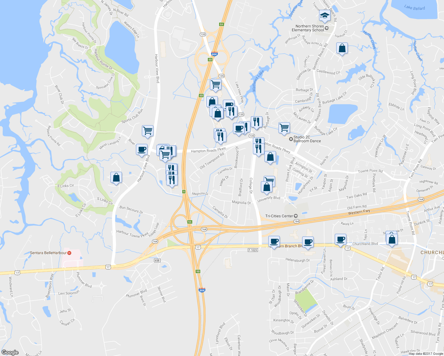 map of restaurants, bars, coffee shops, grocery stores, and more near 4628 Hardy Drive in Suffolk
