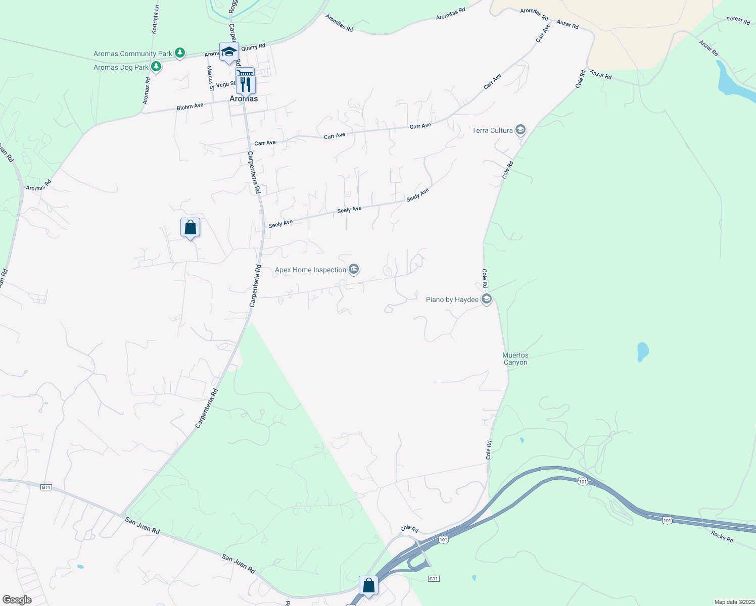 map of restaurants, bars, coffee shops, grocery stores, and more near 575 Snyder Avenue in Aromas