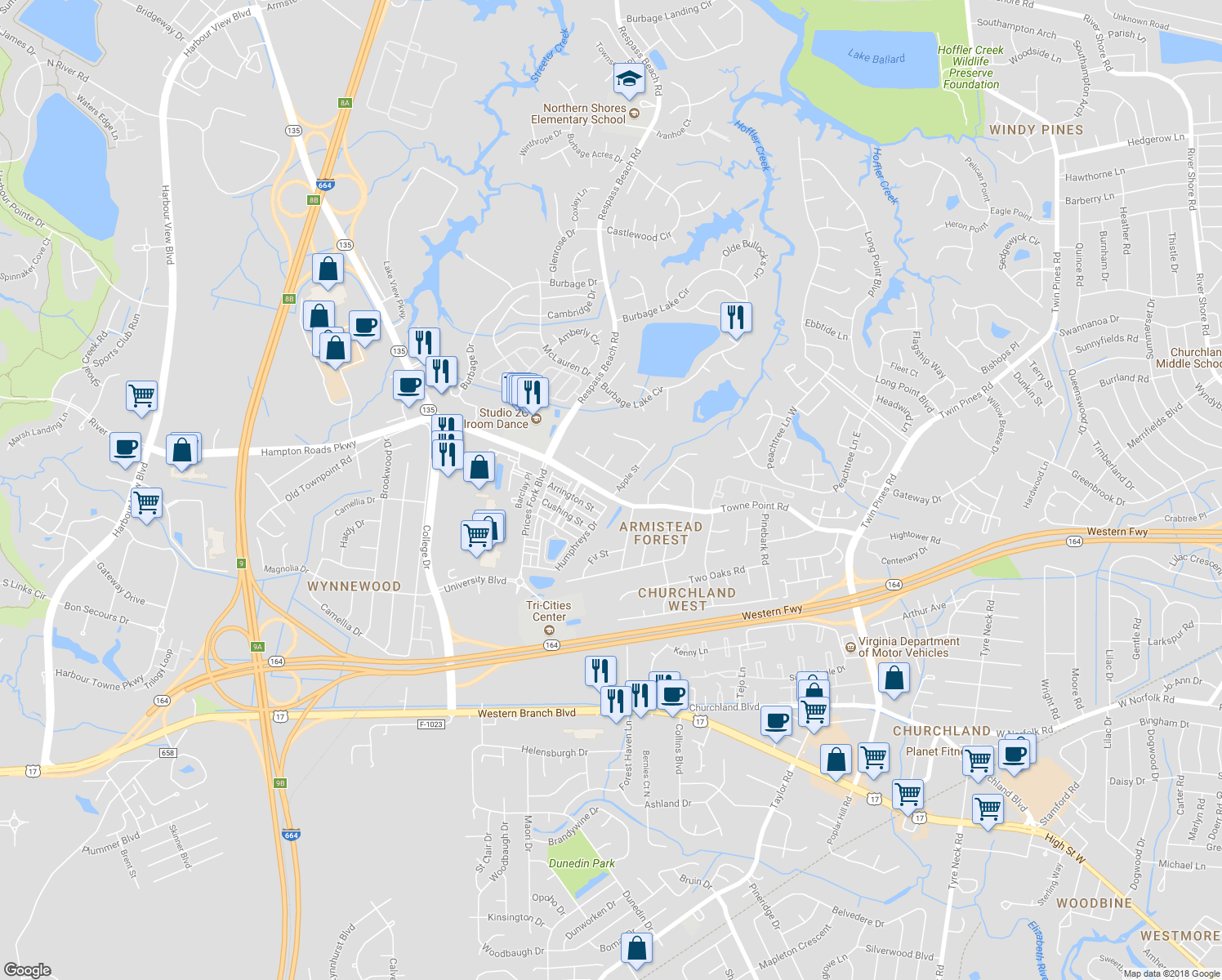 map of restaurants, bars, coffee shops, grocery stores, and more near 6740 Hampton Roads Parkway in Suffolk