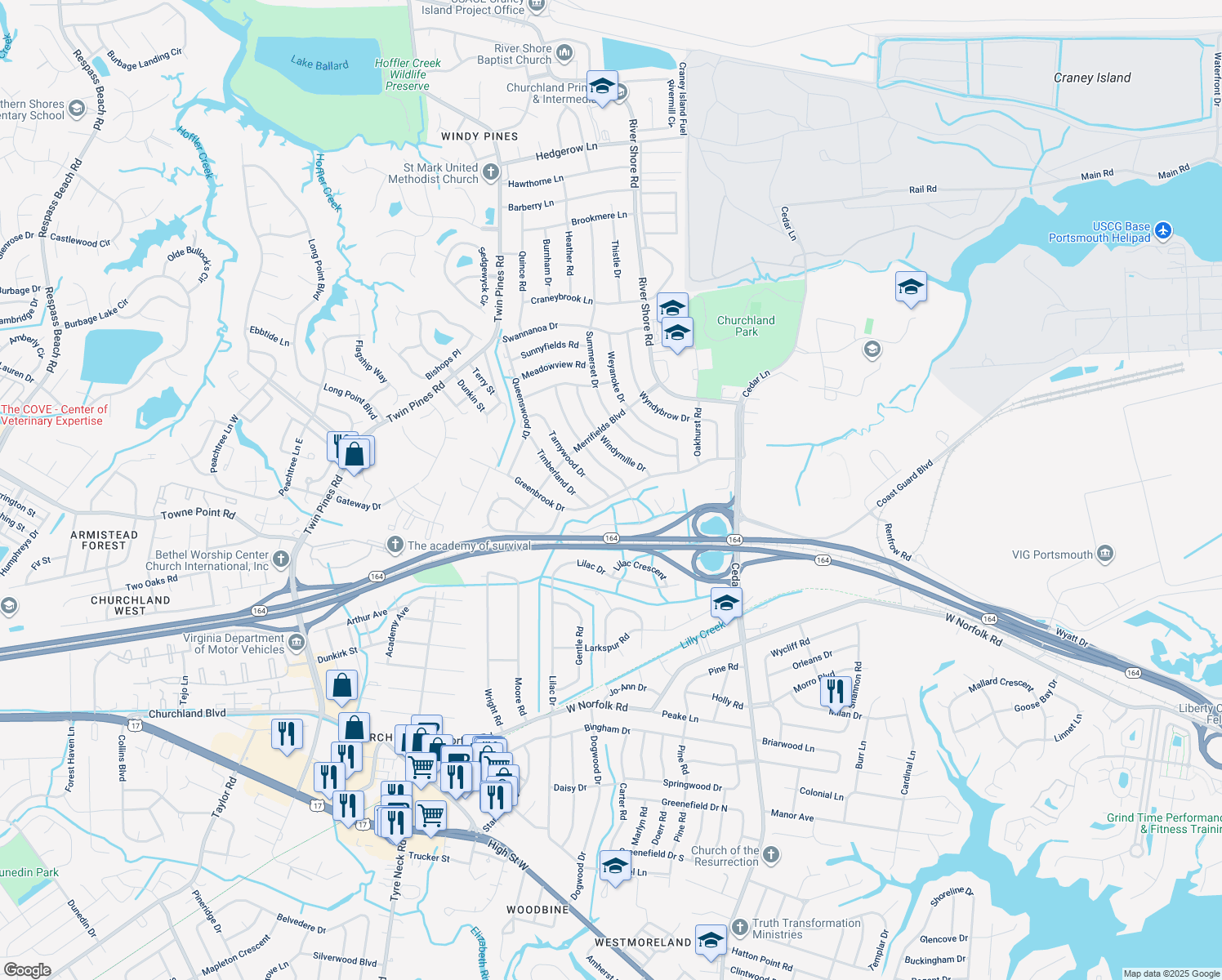 map of restaurants, bars, coffee shops, grocery stores, and more near 4001 Tarnywood Drive in Portsmouth