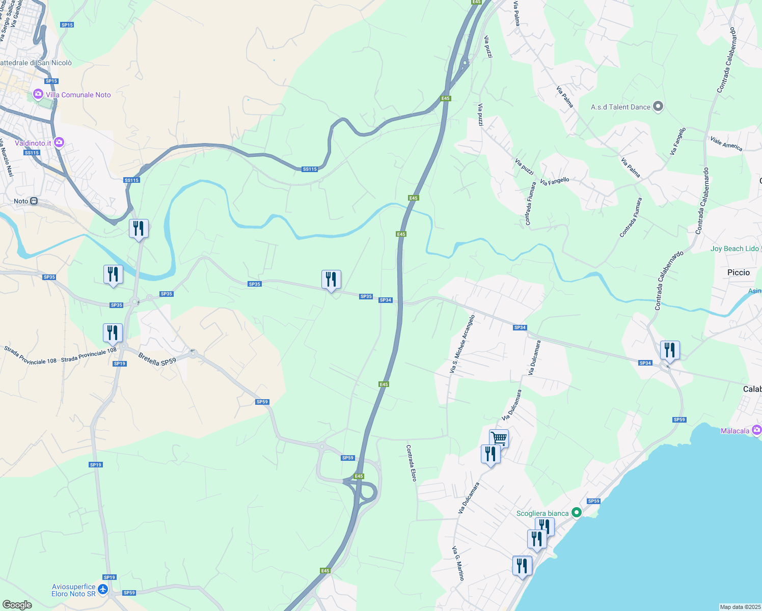 map of restaurants, bars, coffee shops, grocery stores, and more near Strada Provinciale 35 in Libero consorzio comunale di Siracusa